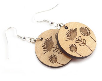 Wood Flower Earrings - Laser Cut and Engraved with Surgical Steel