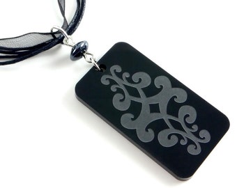 Black Scroll Pendant, Acrylic Necklace, Laser Engraved, Laser Cut