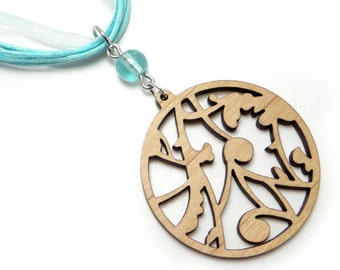 Laser Cut Wood Necklace, Filigree Pendant, Scroll Charm with Aqua Ribbon and Bead