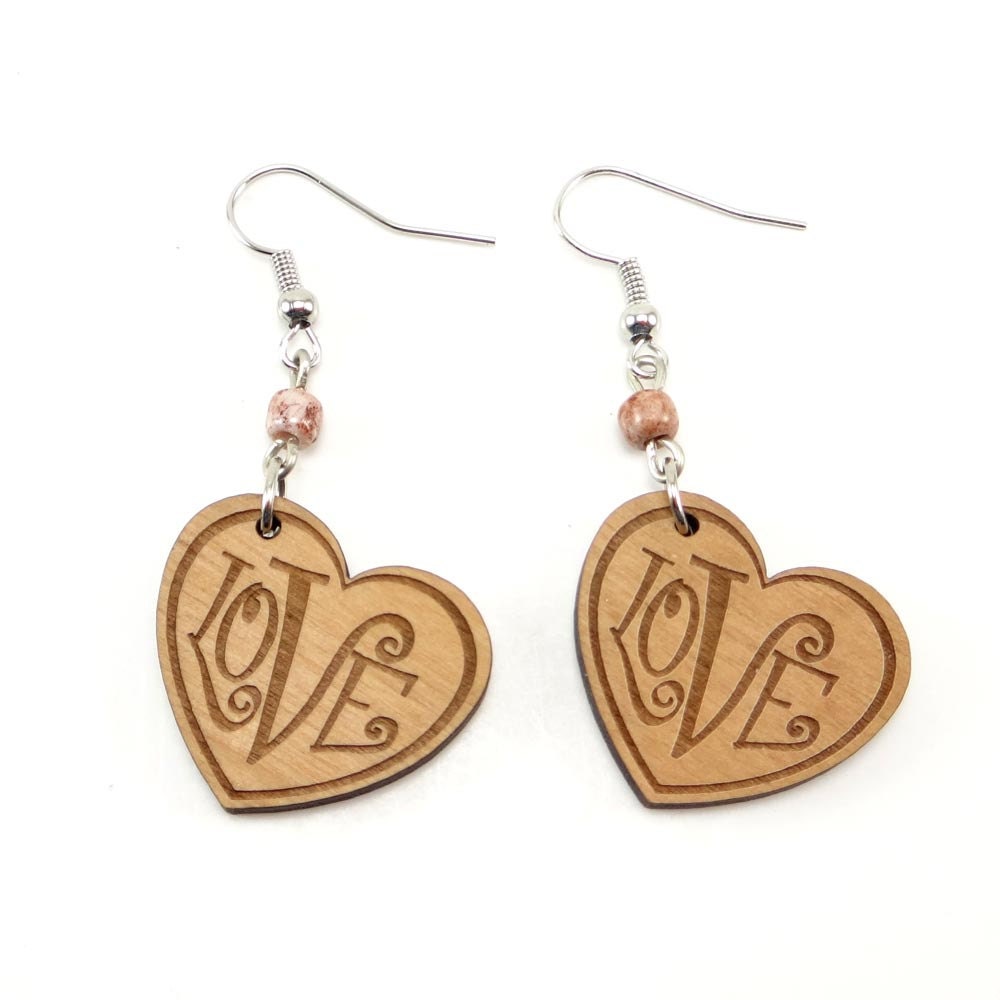 Heart Wood Earrings Laser Engraved With Love Etsy