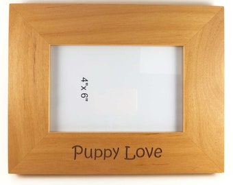 Wood photo frame engraved with Puppy Love