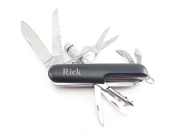 Engraved, Personalized Pocket Knife with LED light Tool Set (Black), Multitool