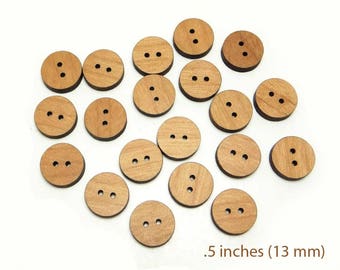 Plain Wood Round Buttons .5 inch, 2 holes, 13mm, Blank Flat Buttons