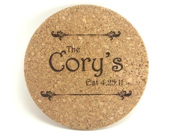 Personalized Anniversary Trivet, Custom Cork Hot Pad, Engraved Pot Holder