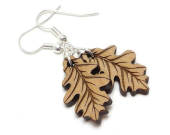 Wood Oak Leaf Engraved Earrings, Autumn Leaf Earrings, Fall Earring