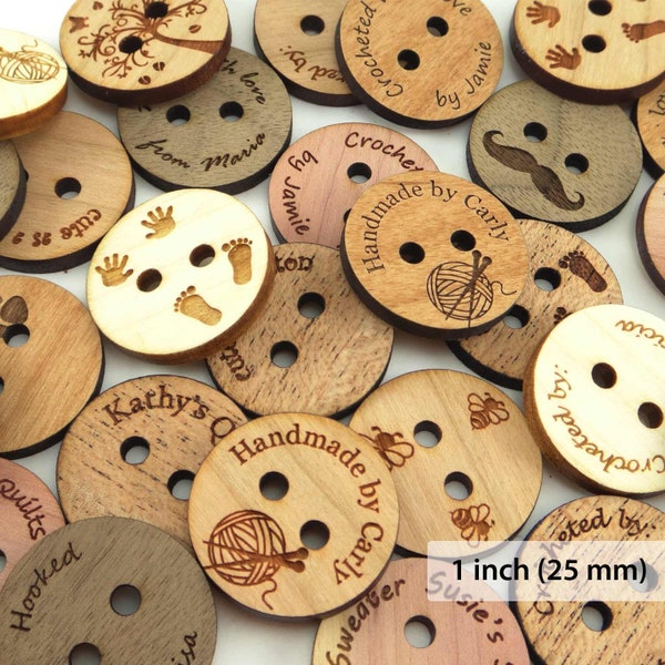 Personalized Wood Buttons 1 inch (25 mm), Custom Engraved Flat Buttons, Wood Tags