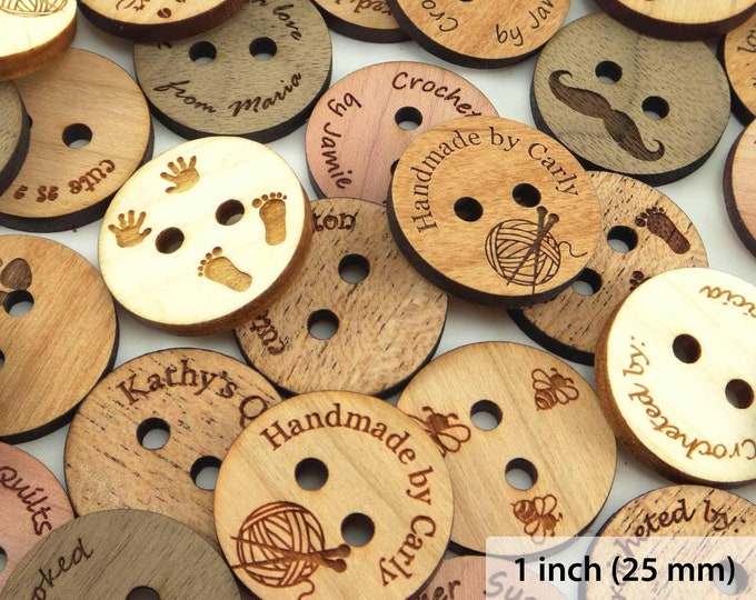 Featured listing image: Personalized Wood Buttons 1 inch (25 mm), Custom Engraved Flat Buttons, Wood Tags