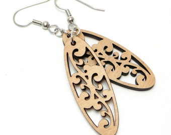 Filigree Oval Wood Earrings, Laser Cut, Lightweight Dangle Earrings