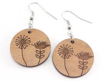 Engraved Dandelion, Wildflower Brown Wood Earring, Disc Earring, Charm Earring