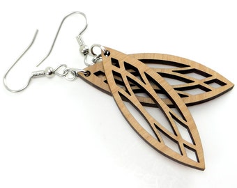 Marquise Wood Earrings with Geometric Pattern