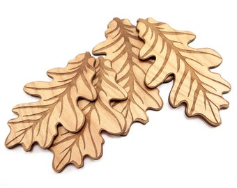 Two 4 inch and two 5 inch Engraved Wood Oak Leaf Charms, Wood Cutout, Fall Decor