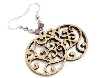 Swirl Earrings, Laser Cut, Scroll, Filigree Earrings, Wood Earrings