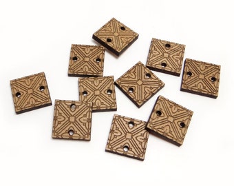 Square Wood Buttons with Engraved Flowers, Square Charms, Wood Square Cutout, Engraved Wood Beads