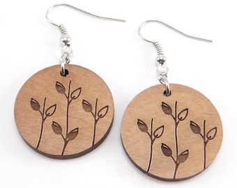 Laser Engraved Leaf Earrings, Wood Earrings, Round Earrings