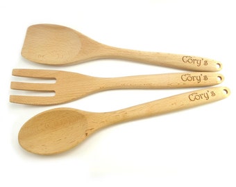 Custom Engraved Wood Utensil Set (3 piece), Personalized Wooden Spoon, Fork, Spatula