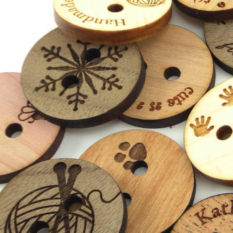 Personalized Wood Buttons 1 inch 25 mm, Custom Engraved Flat Buttons, Wood Tags image 2