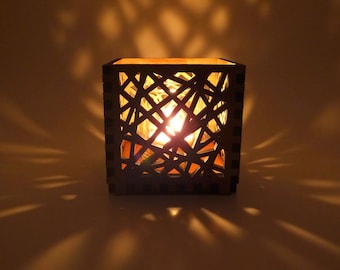 Wood Tea Light Candle Holder with Criss Cross Pattern