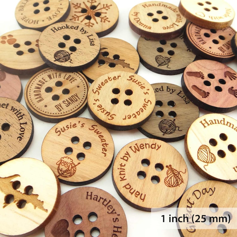 Personalized Wood Buttons 1 inch, Custom Engraved Buttons 25mm, 4 Hole Buttons image 1