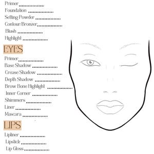 May include: A white makeup face chart with a diagram of a face and a list of makeup application steps. The chart includes sections for base, eyes, and lips, with terms like primer, foundation, and mascara.