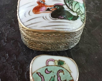 Set di 2 Vintage argento - caselle di sguardo, smalto top verniciato, scatola della pillola, scatola di gioielli