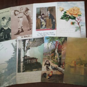 8 humorous/misc Vintage  Postcards, 1908-1913, very cool! Used, interesting text written on the back. Has 1 cent stamp. Paper ephemera.