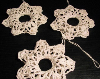 3 handmade crochet ornaments, starched stiff and glittered. Holiday ornies, made in 1980's