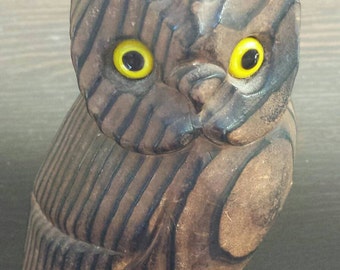 Beautiful vintage carved owl made of cryptomeria wood. 6" high. Yellow glass eyes.