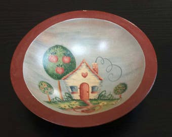 Painted wooden bowl, adorable decorative bowl, not food safe.