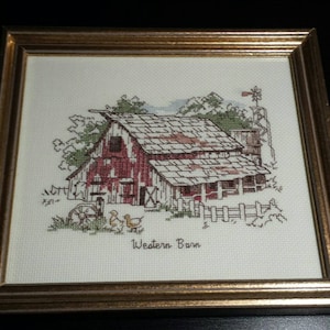 Vintage gold framed, red Western Barn, Cross stitch, handmade, country prim decor