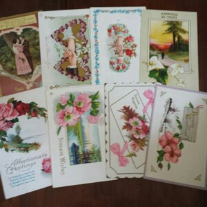 8 Vintage Love/Greetings Postcards, 1908-1913, very cool! Used, interesting text written on the back. Has 1 cent stamp. Paper ephemera.