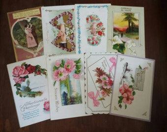 8 Vintage Love/Greetings Postcards, 1908-1913, very cool! Used, interesting text written on the back. Has 1 cent stamp. Paper ephemera.