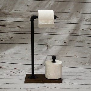 Industrial Pipe Toilet Paper Holder - Free Standing Oak Base