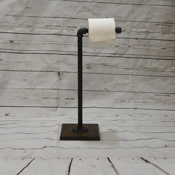 Free Standing Industrial Pipe Toilet Paper Holder/Rack  - Oak Base