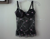 Late 90s Rose Applique Floral Stitched Lace Bustier Corset Bra Camisole Stretch Peplum Top Lingerie Rampage size M L , 34C , fits 34B Junior