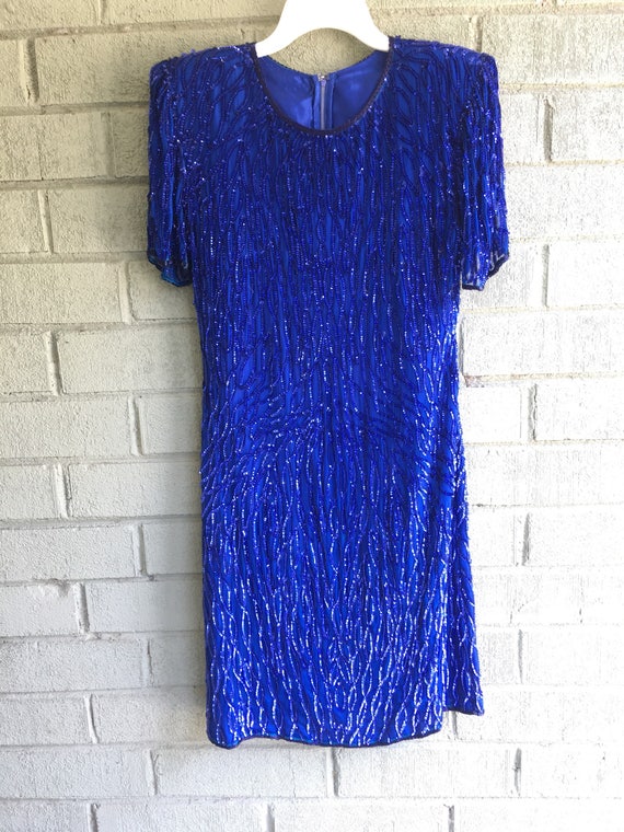 1990s Blue Sequined Beaded Silk Midi Cocktail Party Fitted | Etsy