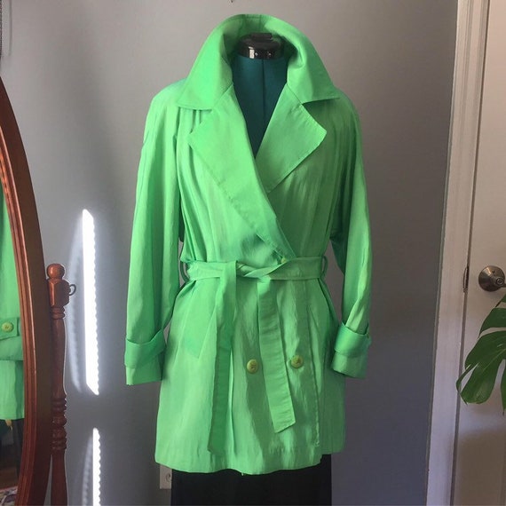 90s Iridescent Shiny Green Tie-waist Button-up Trench Coat sz | Etsy