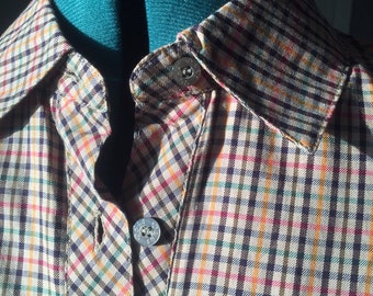 90s 00s Short Sleeve Plaid Tan Short Sleeve Button Up Oxford / Unisex M/L Daks London Streetwear. Brown, mustard, red, green accents
