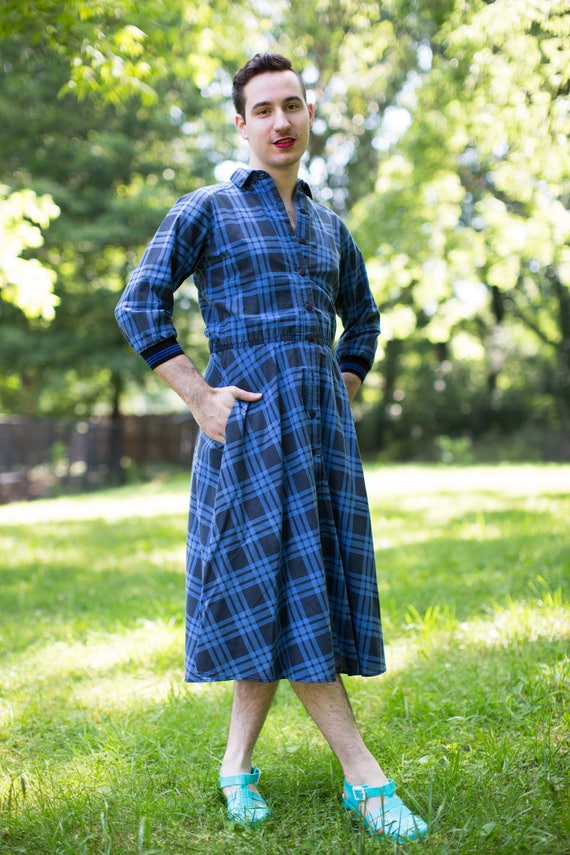 1980s 1990s Blue Black 3/4 Length Plaid Button Down Midi Dress W