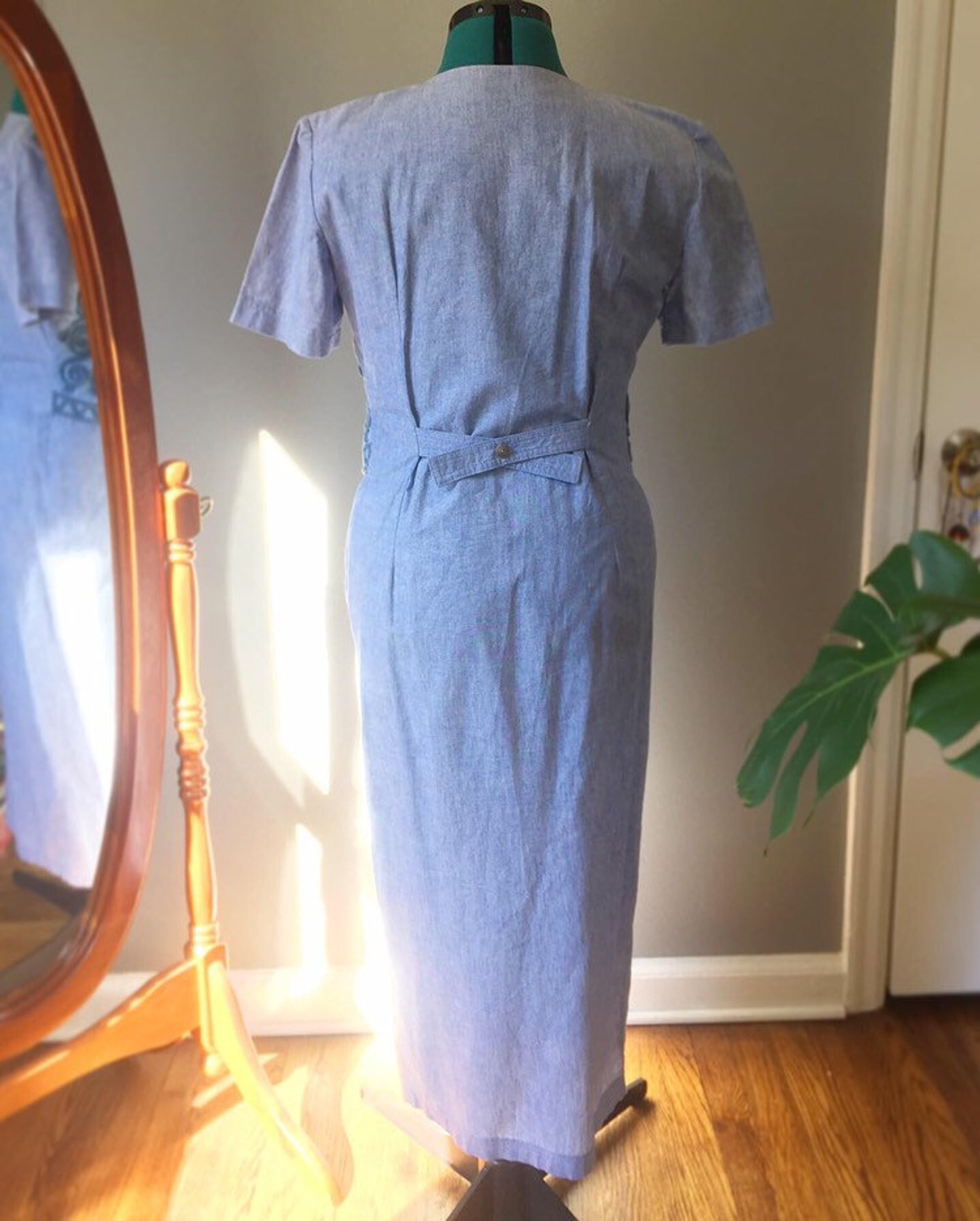 1980s Lanz Petites Light Wash Chambray Western Style Dress With ...