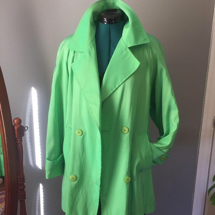 90s Iridescent Shiny Green Tie-waist Button-up Trench Coat Sz 8 ...