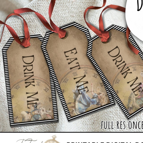 Digital Printable Tags|Distressed Apothecary Labels|White Rabbit Mad Hatter Scrapbook Ephemera Alice in Wonderland|Queen DIY Collage Sheet