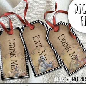 Digital Printable Tags|Distressed Apothecary Labels|White Rabbit Mad Hatter Scrapbook Ephemera Alice in Wonderland|Queen DIY Collage Sheet