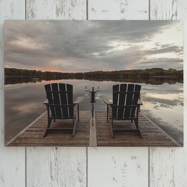 Relaxing at the Lake Canvas Print, Chairs on Dock with Wine Lake Wall Art, Adirondack Chairs Wine Lake View Art Print, Neutral Lake Picture