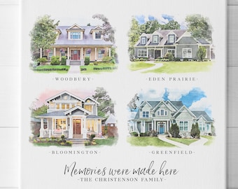 Multiple House Watercolor Portrait - All of Your Homes on One Custom Canvas Print - Christmas Gift Idea for Parents - Digitally Enhanced