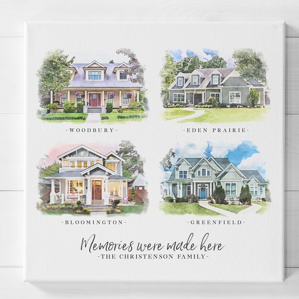 Multiple House Watercolor Portrait - All of Your Homes on One Custom Canvas Print - Christmas Gift Idea for Parents - Digitally Enhanced