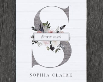 Baby Monogram Sign with Name and Birth Date - Personalized Canvas Print