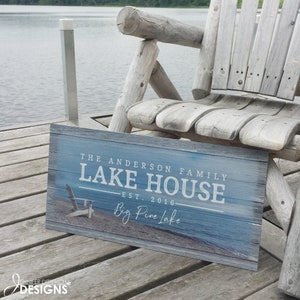 Outdoor lake house sign featuring a photo of the lake shore and personalized with your family name, established date and location.
