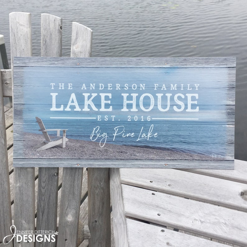 Outdoor lake house sign featuring a photo of the lake shore and personalized with your family name, established date and location.