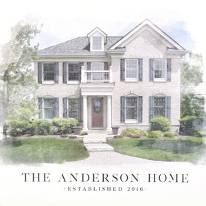 Custom Watercolor Home Portrait with Your Family Name and Established Date - Digitally Enhanced
