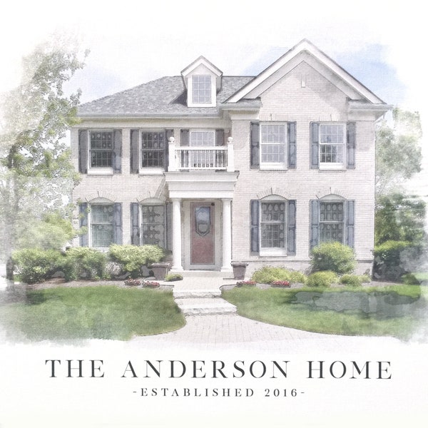 Custom Watercolor Home Portrait with Your Family Name and Established Date - Digitally Enhanced